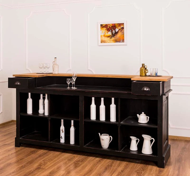 Casa Padrino Landhausstil Thekenschrank Antik Schwarz / Naturfarben 240 x 65 x H. 107 cm - Ladentheke mit Schubladen und Ablagefächer