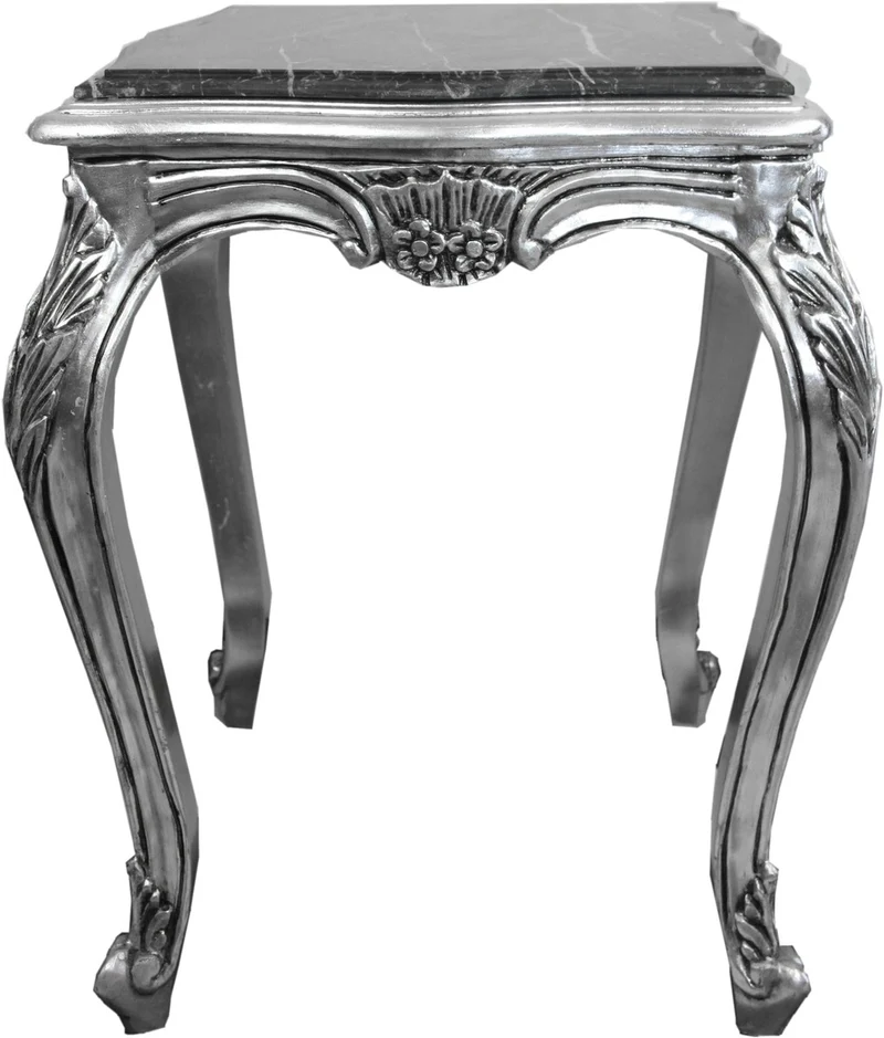Casa Padrino Barock Beistelltisch Silber mit schwarzer Marmorplatte 52 x 52 x H. 65 cm - Barockmöbel Beistell Tisch