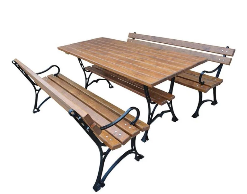 Casa Padrino Jugendstil Gartenmöbel Set Tisch und 2 Sitzbänke mit Armlehnen Braun / Schwarz 150 cm - Gartenmöbel