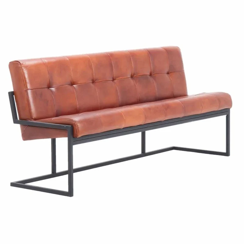 Casa Padrino Luxus Chesterfield Echtleder Sitzbank Hellbraun / Schwarz 200 cm - Echtleder Möbel