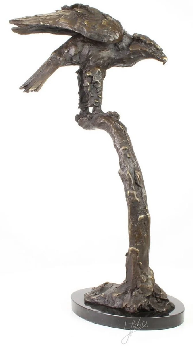 Casa Padrino Luxus Adler Bronzefigur Grau / Gold / Schwarz 44,4 x 28,8 x H. 71,5 cm - Dekofigur mit Marmorsockel