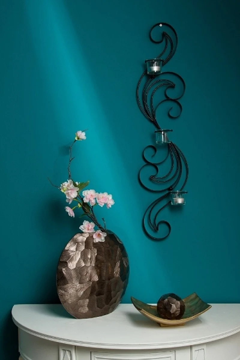 Casa Padrino Designer Wandteelichthalter Schwarz 16 x 9 x H. 74 cm - Metall Wanddeko mit Teelichthaltern aus Glas