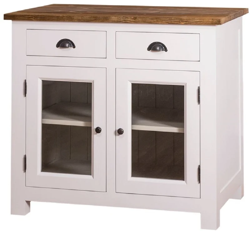 Casa Padrino Landhausstil Küchenschrank mit 2 Glastüren und 2 Schubladen Weiß / Grau / Braun 100 x 65 x H. 90 cm - Küchenmöbel im Landhausstil