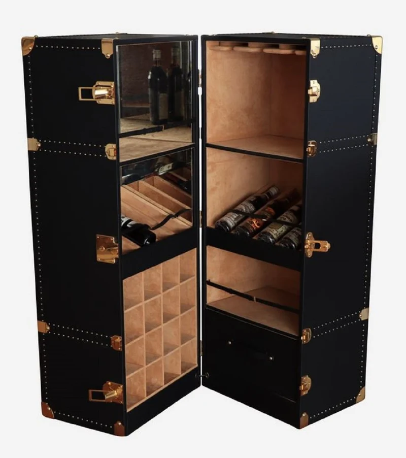 Casa Padrino Luxus Leder Koffer Barschrank Schwarz / Messing H. 135 cm - Made in Italy