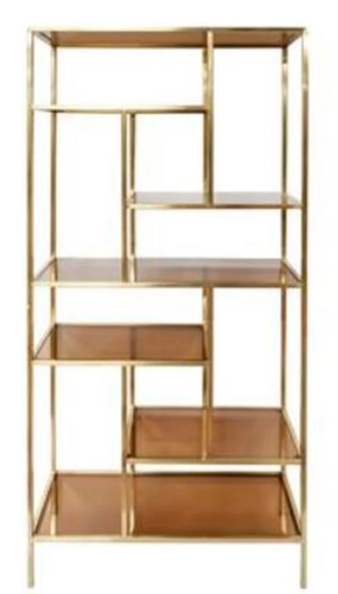 Casa Padrino Luxus Regalschrank Gold / Braun 80 x 35 x H. 180 cm - Wohnzimmerschrank - Bücherschrank