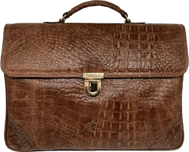 Casa Padrino Luxus Echtleder Herren Aktentasche in Kroko Optik Braun / Gold 42 cm - Made in Italy