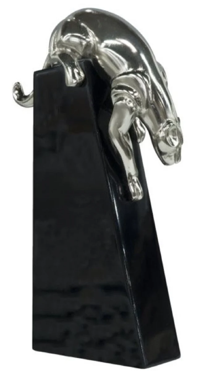 Casa Padrino Luxus Bronzefigur Panther Silber / Schwarz 17 x 6 x H. 28 cm - Elegante Dekofigur auf Holzsockel