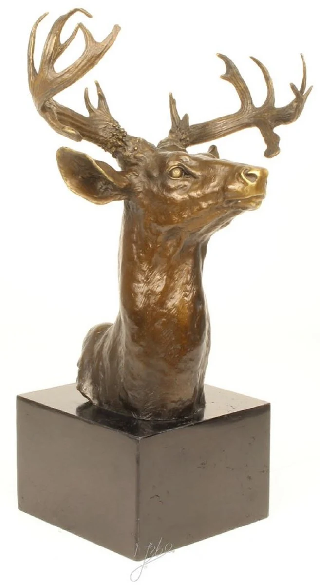 Casa Padrino Luxus Hirschkopf Bronzefigur Bronze / Gold / Grau H. 50 cm - Elegante Dekofigur mit Marmorsockel