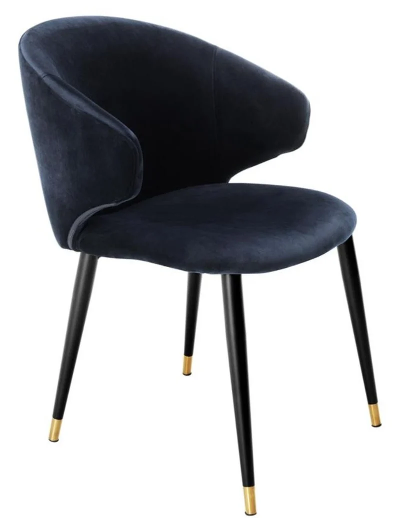 Casa Padrino Luxus Esszimmerstuhl mit Armlehnen Mitternachtsblau / Schwarz / Gold 57 x 66 x H. 83 cm - Esszimmermöbel