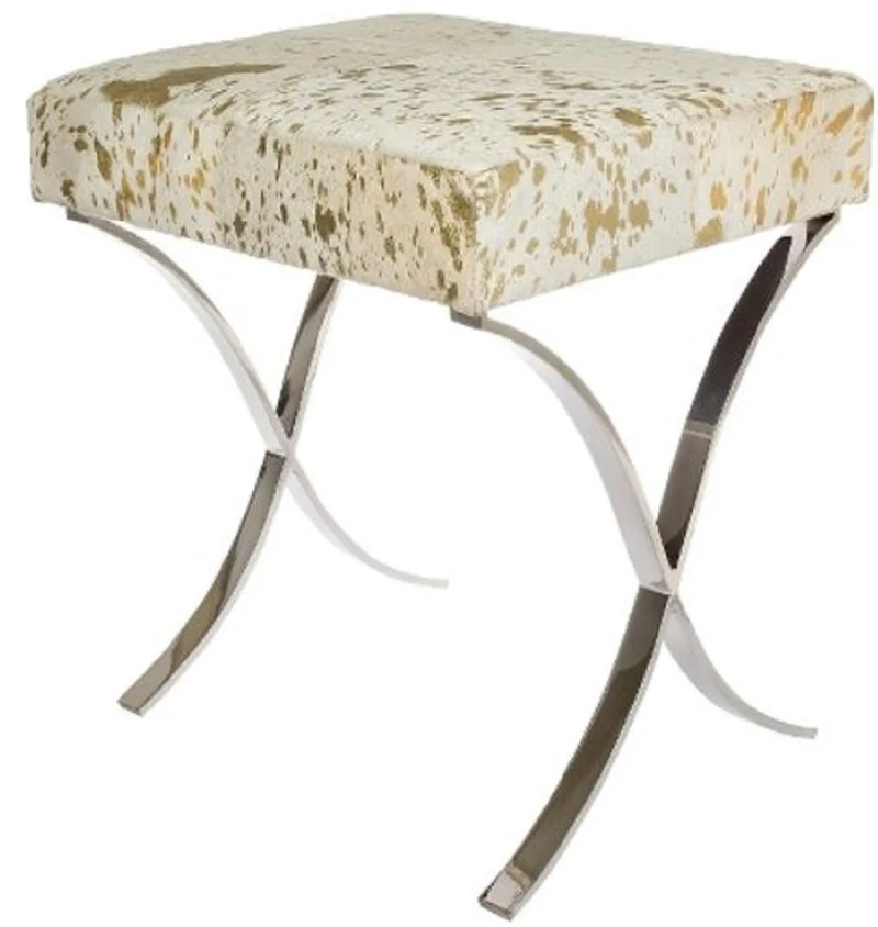 Casa Padrino Designer Kunstfell Hocker Weiß / Gold / Silber 40 x 33 x H. 45 cm - Designer Möbel