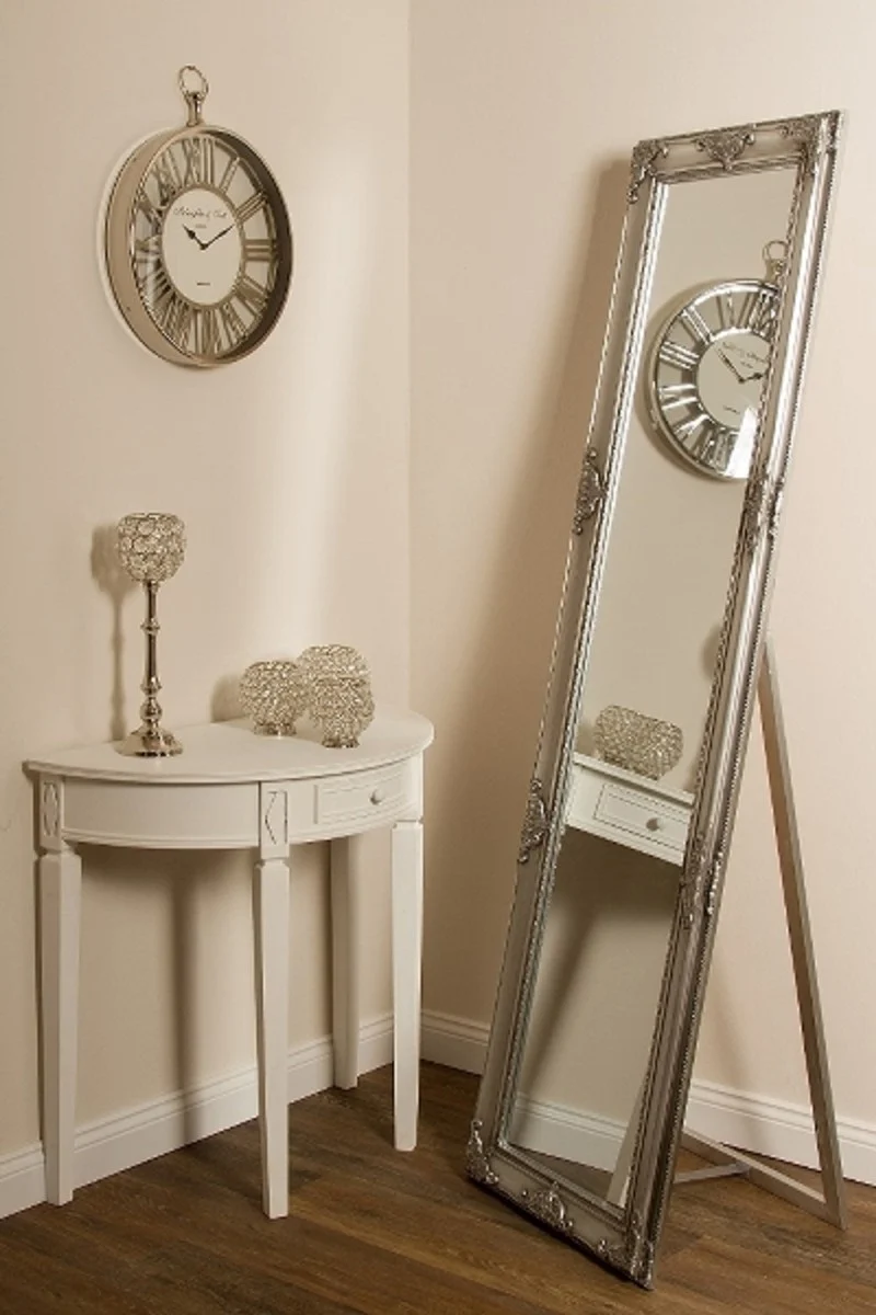 Casa Padrino Barock Standspiegel Silber 50 x H. 180 cm - Handgefertigter Spiegel mit Holzrahmen & wunderschönen Verzierungen