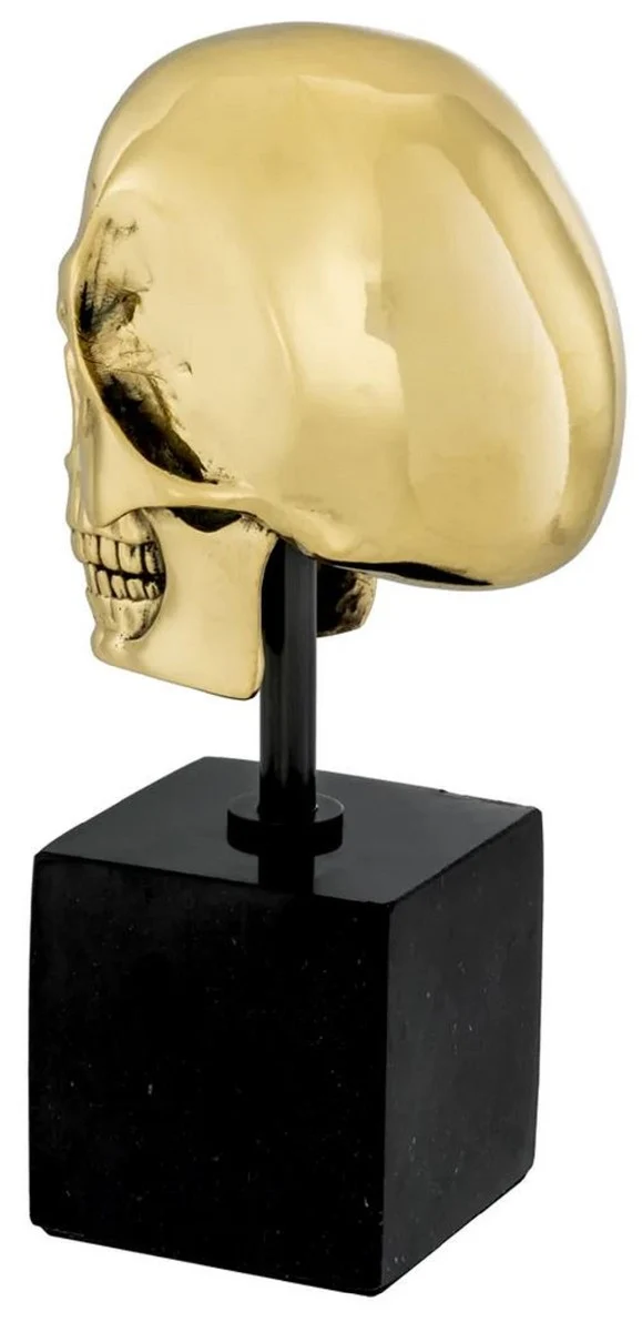 Philipp Plein Luxus Designer Deko Totenkopf Gold / Schwarz H. 20cm - Skull Skulptur aus Marmorsockel
