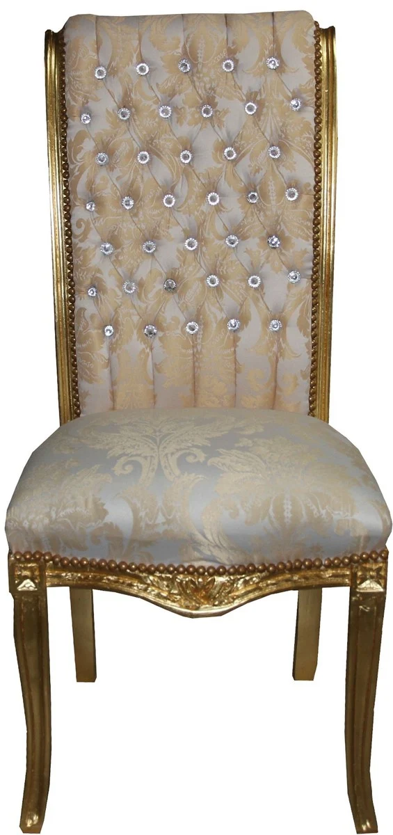 Casa Padrino Barock Hochlehner Esszimmer Stuhl Creme Muster / Gold mit Bling Bling Glitzersteinen - Barock Möbel