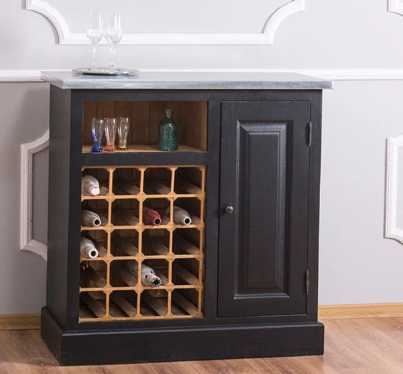 Casa Padrino Landhausstil Weinschrank Schwarz / Naturfarben / Silber 90 x 41 x H. 90 cm - Weinschrank mit Tür und verzinkter Platte