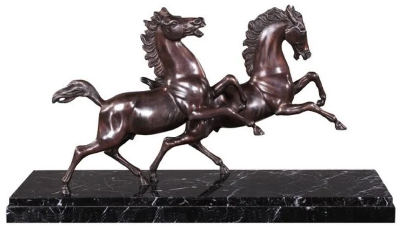 Casa Padrino Luxus Bronzefiguren Pferde Bronze / Schwarz 80 x 25 x H. 43 cm - Elegante Deko Bronze Skulpturen mit Marmorsockel