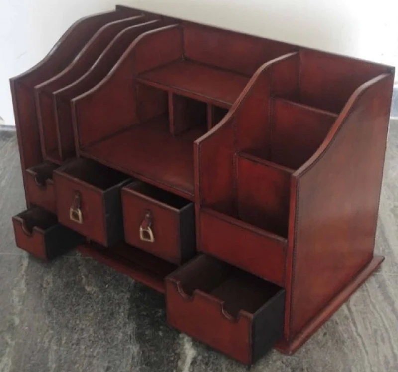 Casa Padrino Luxus Echtleder Schreibtisch Organizer Cognac Braun 65 x 32 x H. 37 cm - Luxus Accessoires