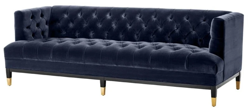 Casa Padrino Luxus Wohnzimmer Sofa Mitternachtsblau / Schwarz / Messingfarben 230 x 85 x H. 79 cm - Chesterfield Samtsofa