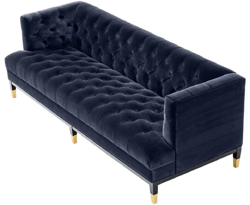 Casa Padrino Luxus Wohnzimmer Sofa Mitternachtsblau / Schwarz / Messingfarben 230 x 85 x H. 79 cm - Chesterfield Samtsofa