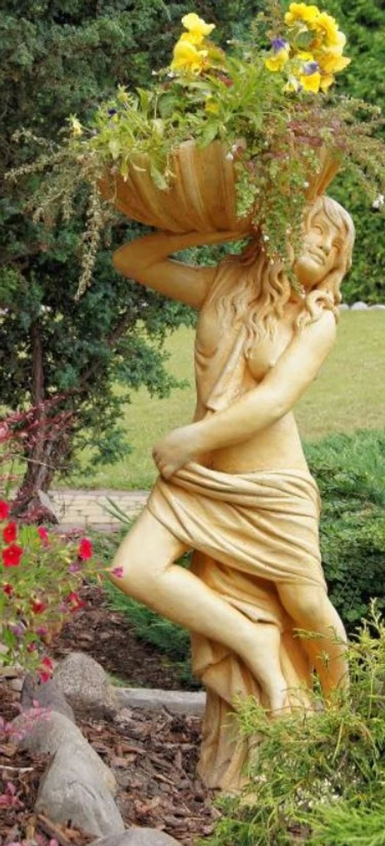 Casa Padrino Jugendstil Gartendeko Statue / Figur Mädchen mit Blumentopf 46 x 32 x H. 116 cm - Dekorative Garten Skulptur