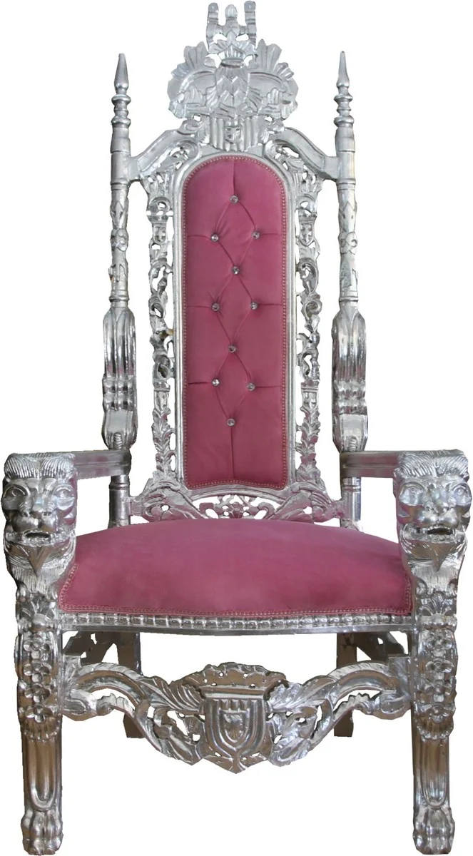 Casa Padrino Barock Thron Sessel Rosa/Silber mit Bling Bling Glitzersteinen Königssessel- Hochzeitssessel - Riesensessel
