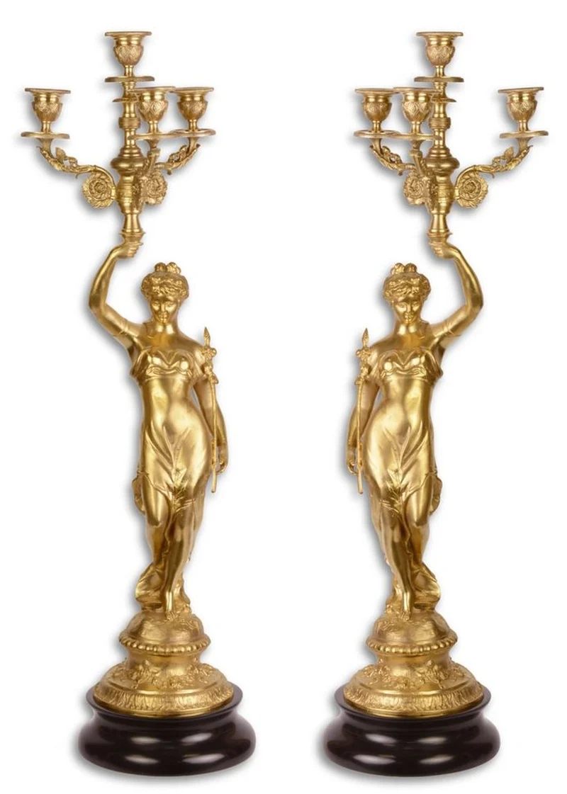 Casa Padrino Barock Kerzenständer Set Gold / Schwarz 20 x 20 x H. 64 cm - Barockstil Kerzenhalter