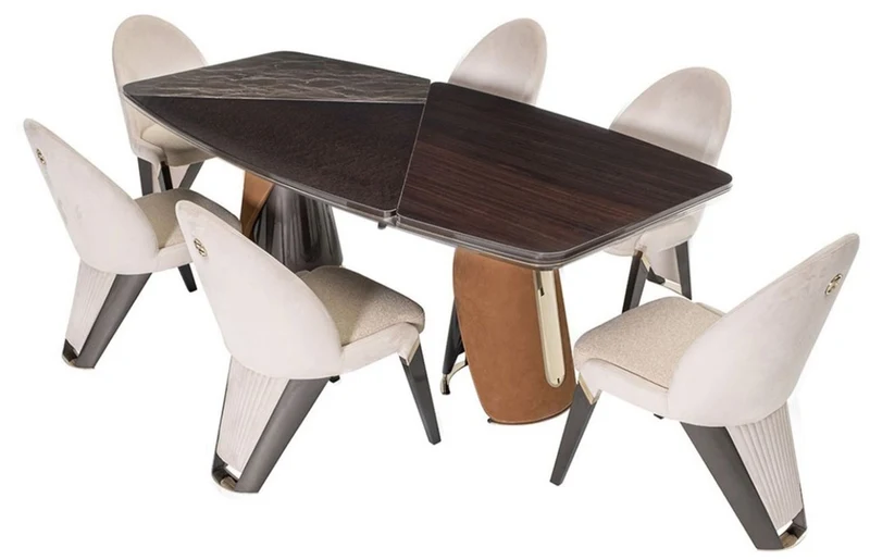 Casa Padrino Luxus Esszimmer Set Dunkelbraun / Creme / Grau / Hellbraun / Gold - 1 Luxus Esstisch & 6 Luxus Esszimmerstühle - Esszimmer Möbel - Luxus Möbel - Luxus Einrichtung