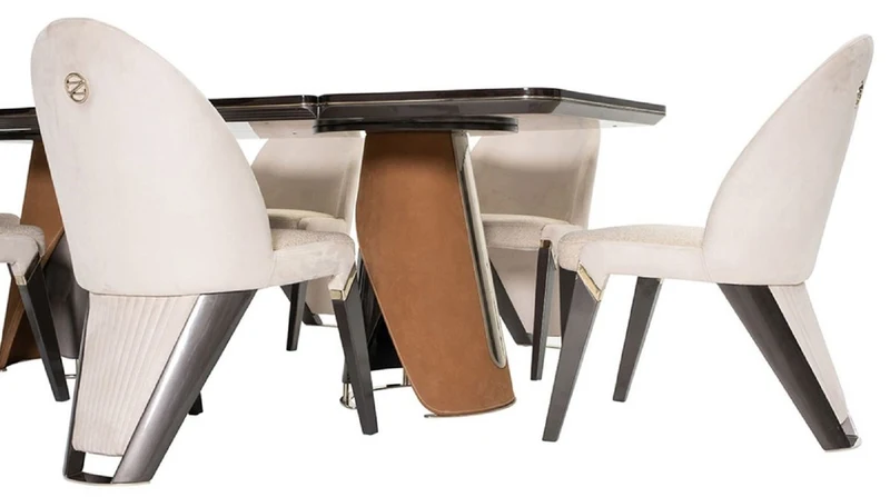 Casa Padrino Luxus Esszimmer Set Dunkelbraun / Creme / Grau / Hellbraun / Gold - 1 Luxus Esstisch & 6 Luxus Esszimmerstühle - Esszimmer Möbel - Luxus Möbel - Luxus Einrichtung