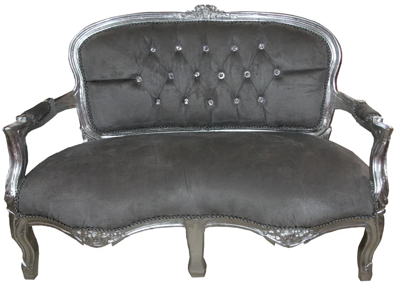 Casa Padrino Barock Kinder Sitzbank Grau / Silber mit Bling Bling Glitzersteinen 97 x 38 x H. 67 cm - Antik Stil Kindermöbel