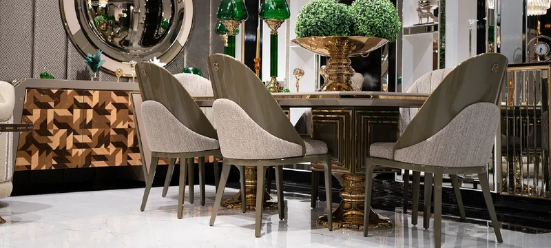 Casa Padrino Luxus Esszimmer Set Grau / Braun / Gold - 1 Luxus Esstisch & 6 Luxus Esszimmerstühle - Luxus Esszimmer Möbel
