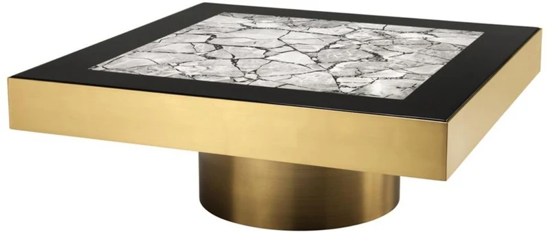 Casa Padrino Luxus Edelstahl Couchtisch mit Kunstmarmorplatte Messingfarben / Hochglanzschwarz / Grau 100 x 100 x H. 38 cm - Designer Wohnzimmermöbel