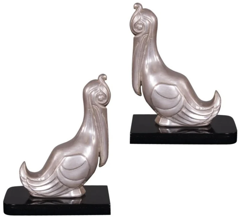 Casa Padrino Luxus Buchstützen Set Pelikane Silber / Schwarz 18 x 12 x H. 22 cm - Versilberte Deko Bronzefiguren mit Holzsockel