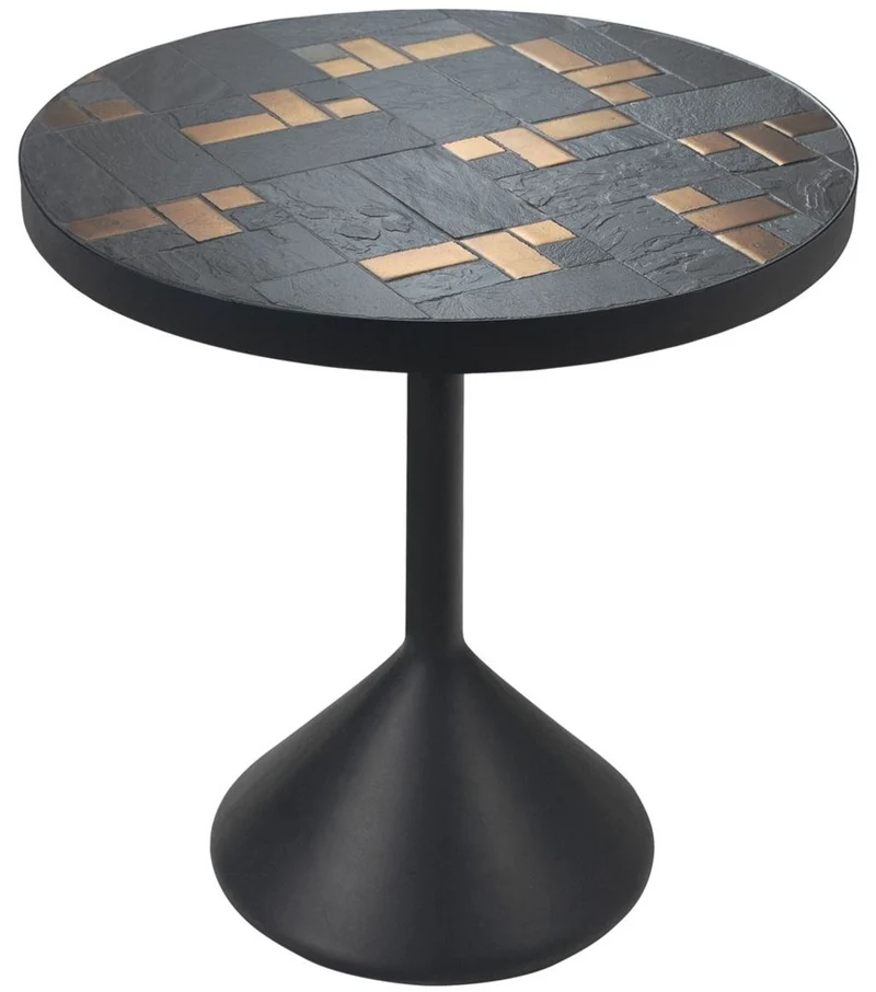 Casa Padrino Luxus Wohnzimmertisch Mehrfarbig / Schwarz Ø 50 x H. 53 cm - Runder Couchtisch mit Schieferplatten & Keramik Fliesen