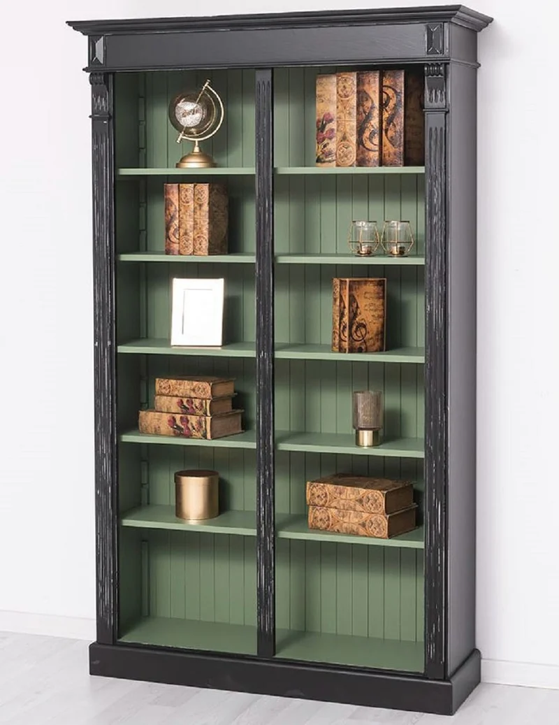Casa Padrino Landhausstil Bücherschrank Antik Schwarz / Grün 120 x 39 x H. 197 cm - Massivholz Schrank - Regalschrank - Wohnzimmerschrank - Büroschrank - Landhausstil Möbel