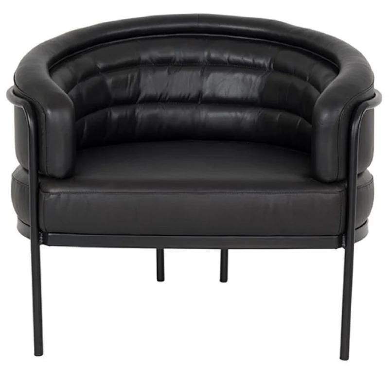 Casa Padrino Luxus Leder Sessel Schwarz 86 x 71 x H. 69 cm - Echtleder Wohnzimmer Sessel - Echtleder Möbel - Luxus Möbel