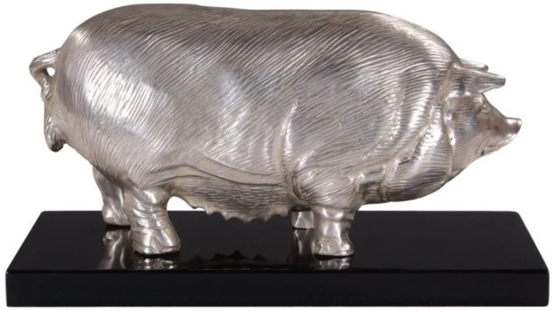 Casa Padrino Luxus Bronzefigur Schwein auf Holzsockel Silber / Schwarz 35 x 17 x H. 19 cm - Versilberte Deko Figur
