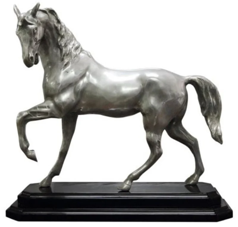 Casa Padrino Luxus Bronzefigur Pferd mit Holzsockel Silber / Schwarz 42 x 17 x H. 40 cm - Versilberte Deko Figur