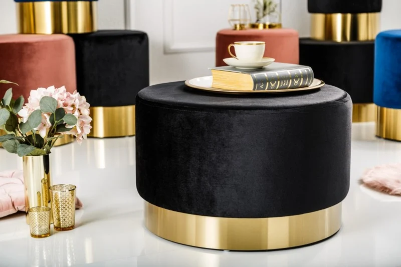 Casa Padrino Designer Rundhocker Schwarz / Gold B. 55 x H. 35 cm - Wohnzimmer Möbel