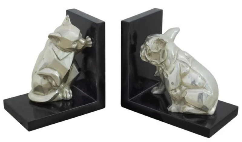 Casa Padrino Luxus Buchstützen Set Katze & Hund Silber / Schwarz 18 x 18 x H. 10 cm - Deko Bronzefiguren mit Holzsockel