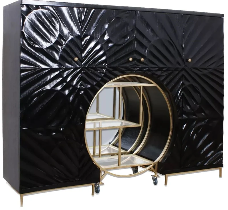 Casa Padrino Luxus Barschrank Schwarz / Messing 178 x 45 x H. 140 cm - Massivholz Cocktailschrank - Bar Möbel - Wohnzimmer Möbel - Hotel Möbel - Luxus Möbel