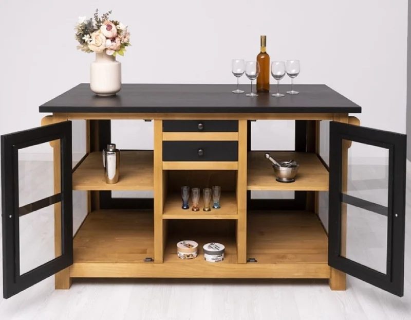 Casa Padrino Landhausstil Kücheninsel Schwarz / Naturfarben 150 x 90 x H. 90 cm - Massivholz Küchenschrank - Landhausstil Massivholz Küchen Möbel - Massivholz Esszimmer Möbel im Landhausstil