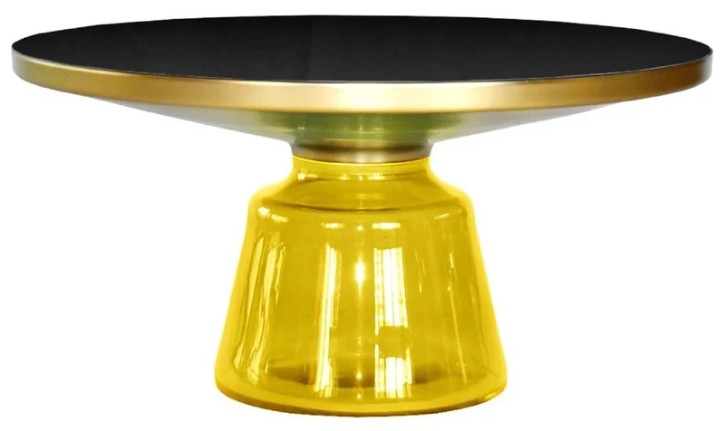 Casa Padrino Luxus Couchtisch Schwarz / Gold / Gelb Ø 75 x H. 37 cm - Runder Glas Wohnzimmertisch - Wohnzimmer Möbel - Luxus Möbel