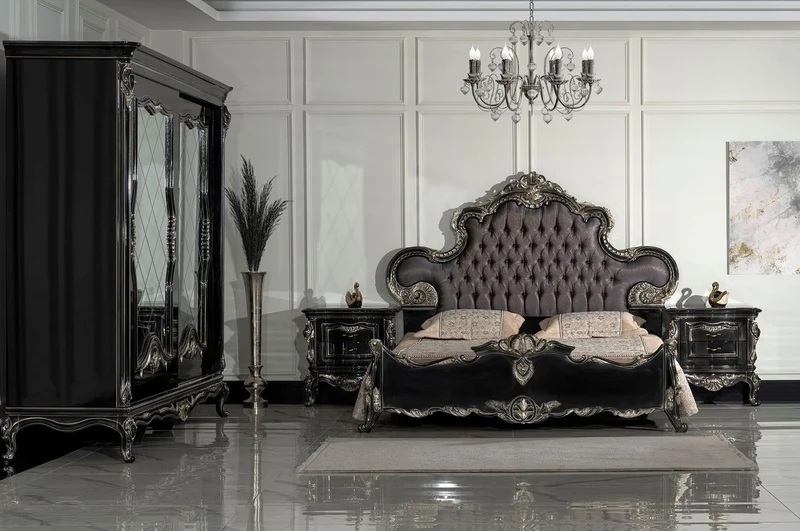 Casa Padrino Luxus Barock Doppelbett Anthrazit Grau / Schwarz / Silber - Prunkvolles Massivholz Bett - Luxus Schlafzimmer Möbel im Barockstil - Barock Schlafzimmer Möbel - Edel & Prunkvoll