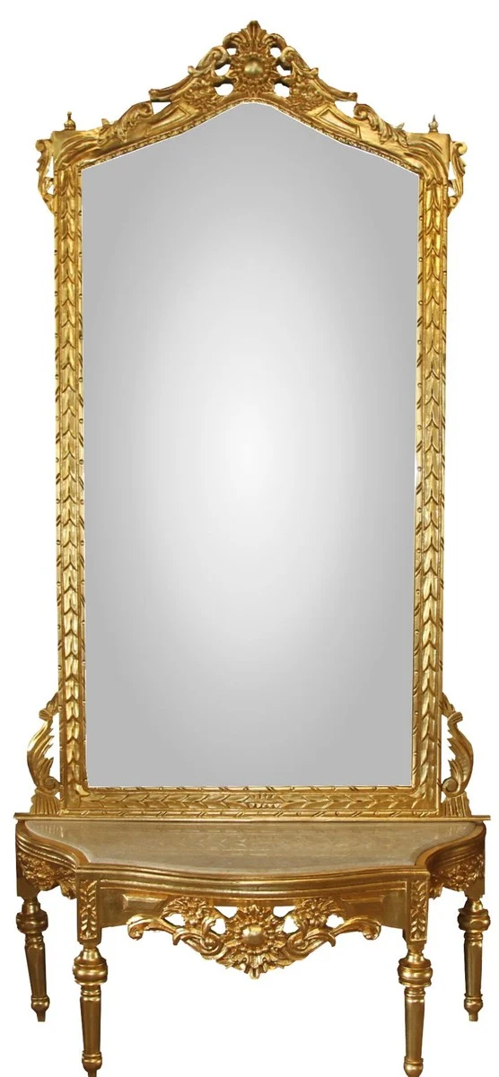 Casa Padrino Barock Spiegelkonsole - Garderobenkonsole Gold mit Marmorplatte und mit schönen Barock Verzierungen auf dem Spiegelglas Mod8 - Antik Look
