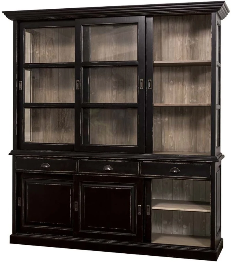 Casa Padrino Landhausstil Küchenschrank Antik Schwarz / Braun 206 x 53 x H. 219 cm - 2 Teiliger Küchenschrank mit 6 Schiebetüren und 3 Schubladen