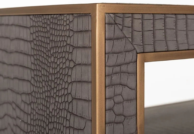 Casa Padrino Luxus Konsole Grau / Messing 180 x 40 x H. 75 cm - Rechteckiger Metall Konsolentisch mit Kunstleder - Wohnzimmer Möbel - Hotel Möbel - Luxus Möbel - Luxus Einrichtung