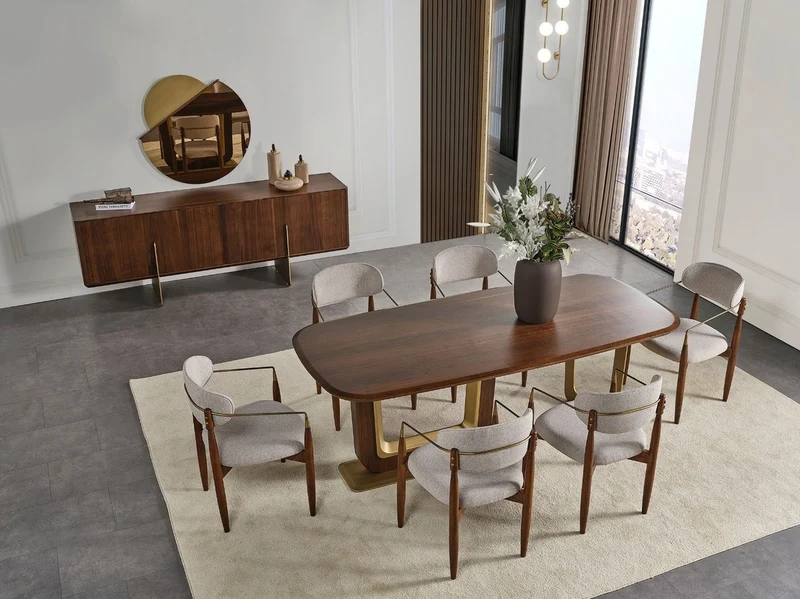 Casa Padrino Luxus Esszimmer Set Grau / Braun / Messing - 1 Luxus Esszimmertisch & 6 Luxus Esszimmerstühle mit Armlehnen - Esszimmer Möbel - Restaurant Möbel - Luxus Möbel - Luxus Einrichtung