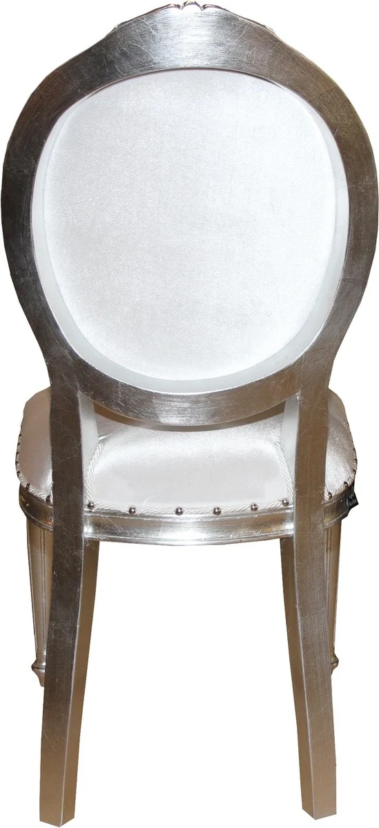 Casa Padrino Barock Medaillon Luxus Esszimmer Stuhl ohne Armlehnen in Weiss / Silber - Limited Edition
