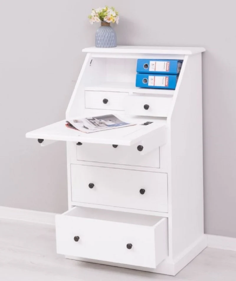 Casa Padrino Landhausstil Sekretär Kommode Weiß 65 x 45 x H. 110 cm - Massivholz Schrank mit 5 Schubladen - Massivholz Möbel - Landhausstil Möbel
