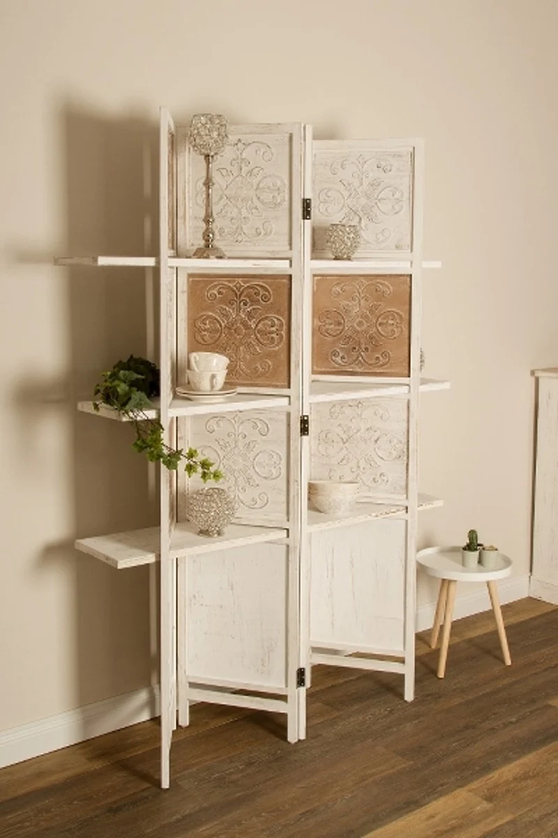 Casa Padrino Landhausstil Raumteiler mit 3 Regalen Antik Weiß / Antik Braun 155 x 2 x H. 181 cm - Shabby Chic Paravent Sichtschutz Trennwand