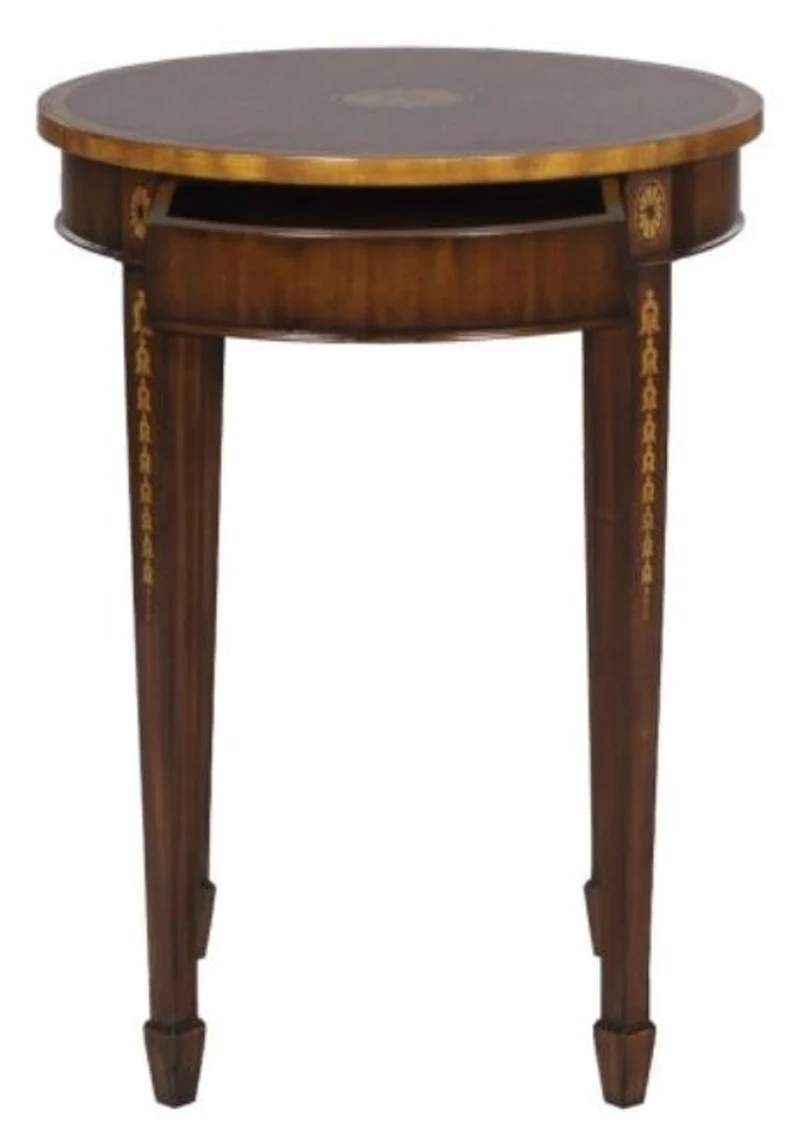 Casa Padrino Luxus Jugendstil Mahagoni Beistelltisch Braun / Gold Ø 51 x H. 69 cm - Kleiner Runder Beistelltisch mit Schublade